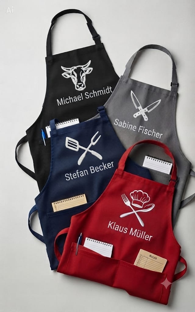 Bestickte Schürze mit Wunsch-Name &Motiv -Ideal für Grill & Gastro